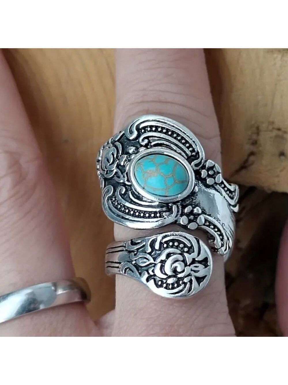 Boho Rose and Flowers with Faux Turquoise Adjustable Spoon Ring #1221 - Picture 4 of 16